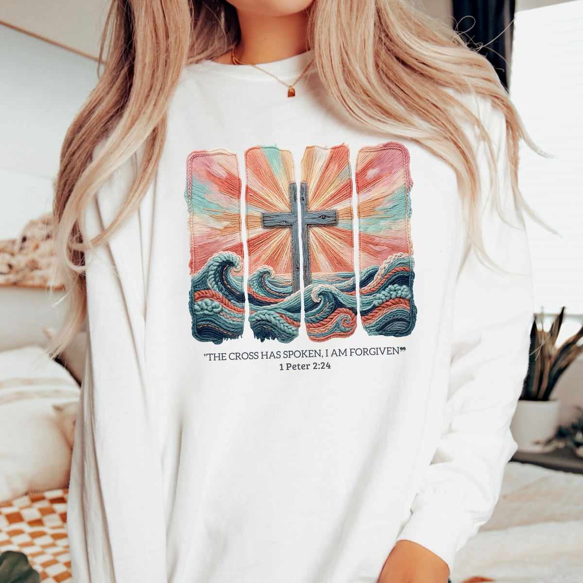 The cross has spoken I am forgiven faux crochet DTF transfer