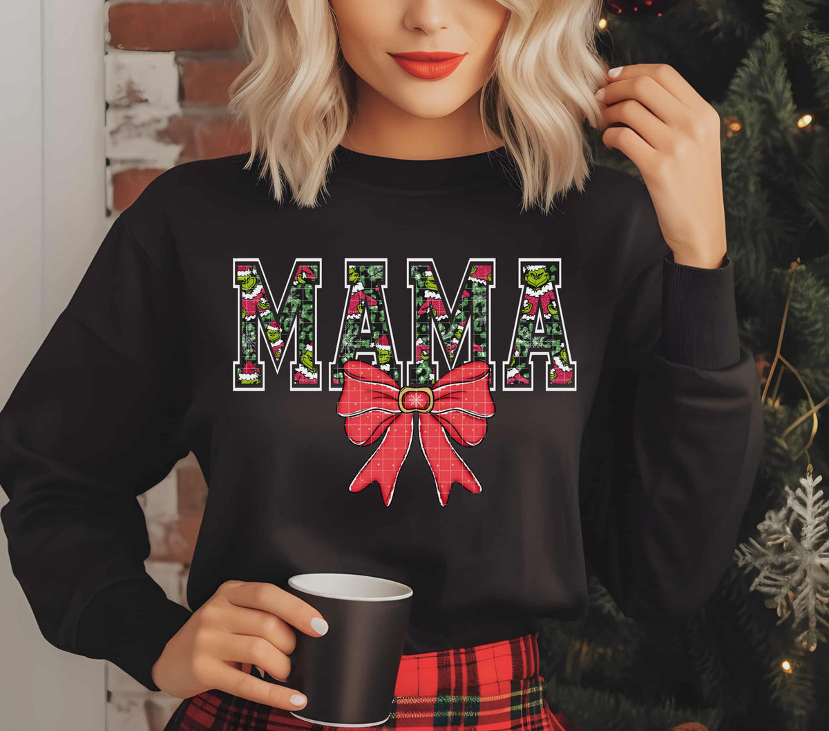 Mama green guy letters WHITE OUTLINE red bow (linda) DTF transfer