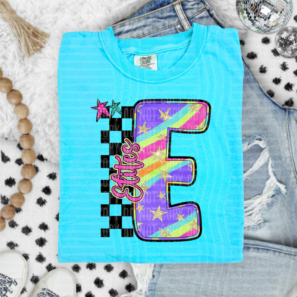 Elites Colorful Retro Rainbow Letter E With Stars And Checker 108107 DTF transfer