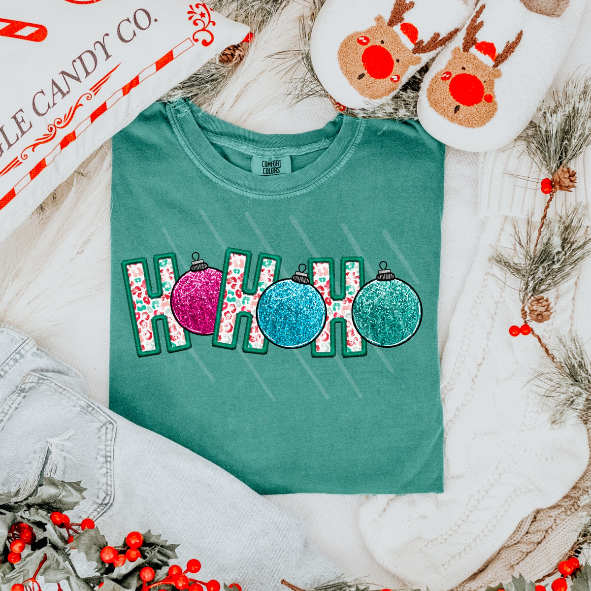 Ho Ho Ho glitter ornaments 111623 DTF transfer