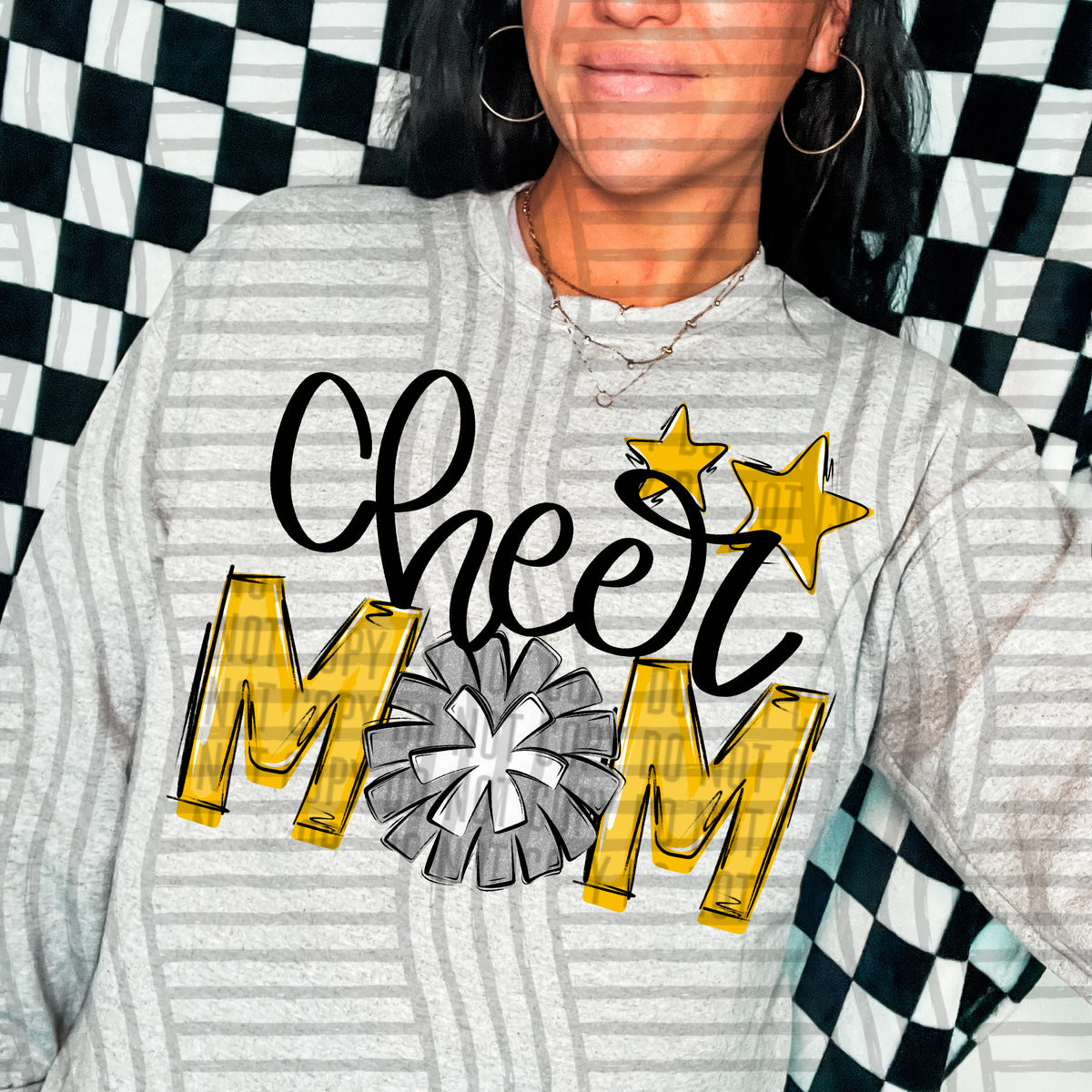 cheer mom yellow with silver pompom and stars (Caplinger) DTF transfer
