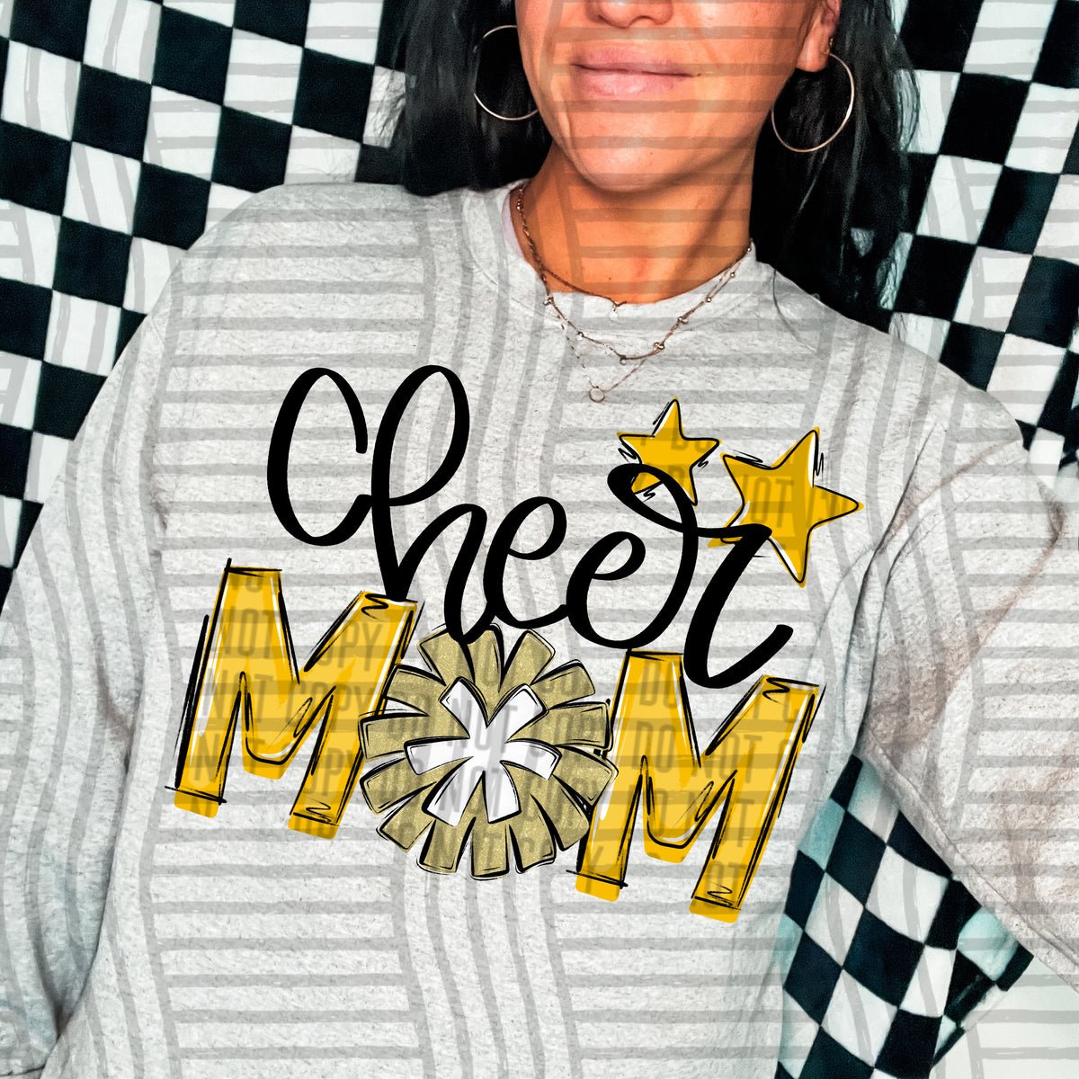 cheer mom yellow with gold pompom and stars (Caplinger) DTF transfer