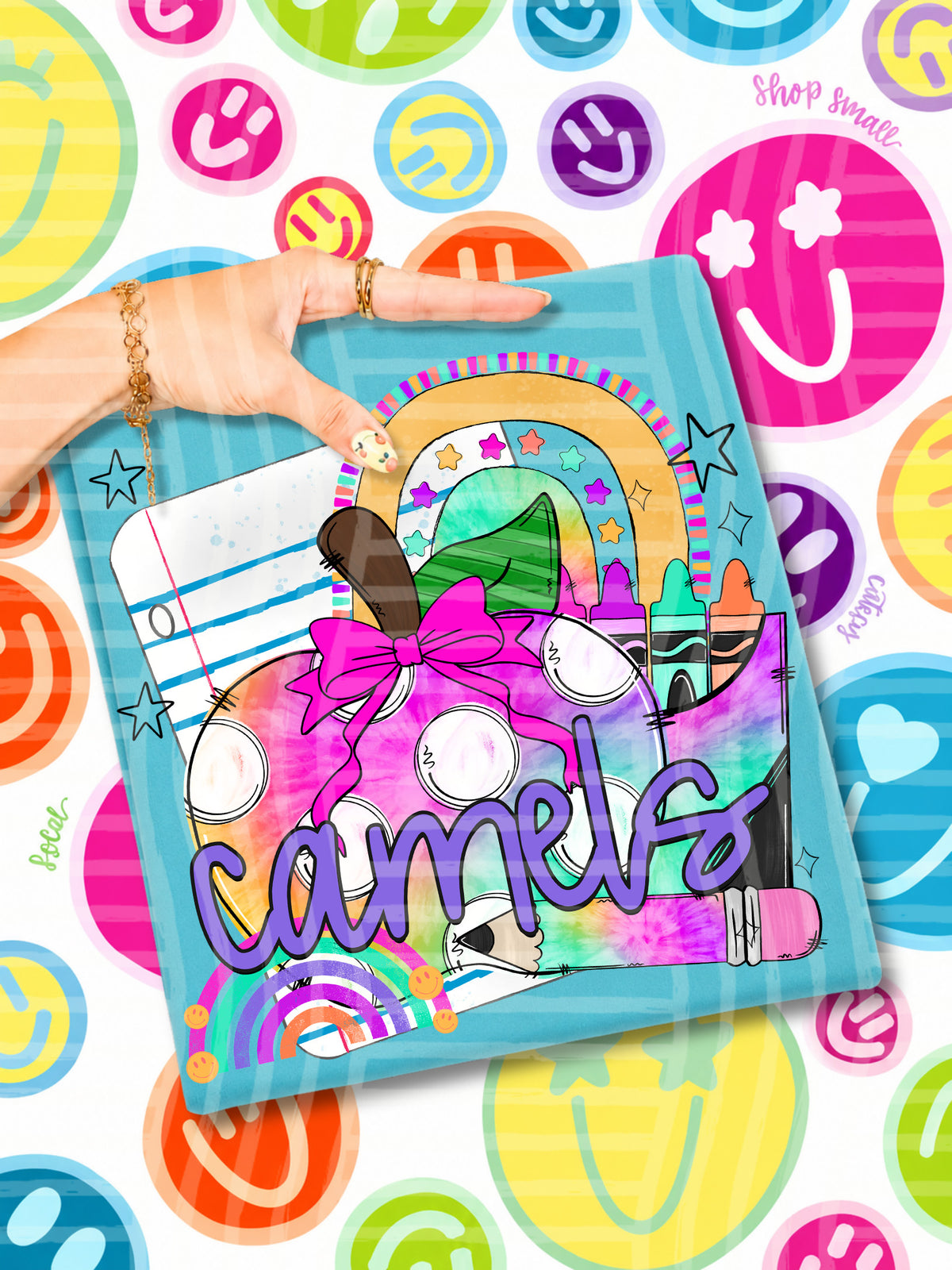 camels tie dye apple with white dots and school stuff (CAPLINGER) DTF Transfer