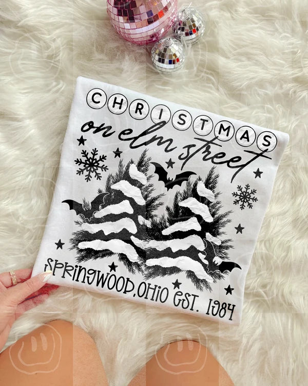 Christmas on elm street black Christmas trees with snow (Lyttle) DTF Transfer