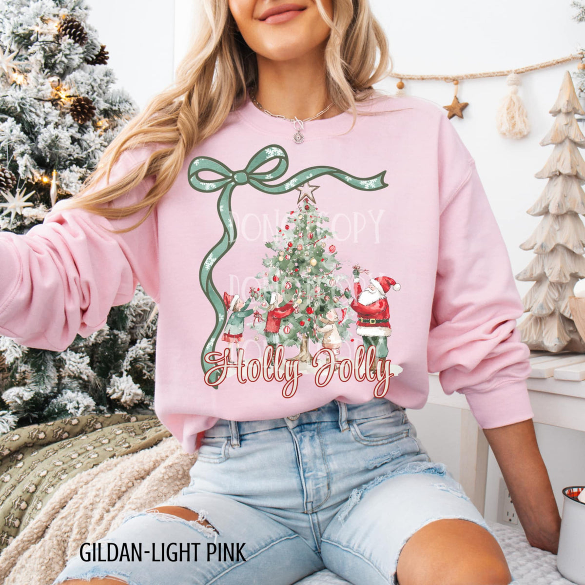 Holly Jolly Christmas Tree Santa & Bow CSG DTF transfer