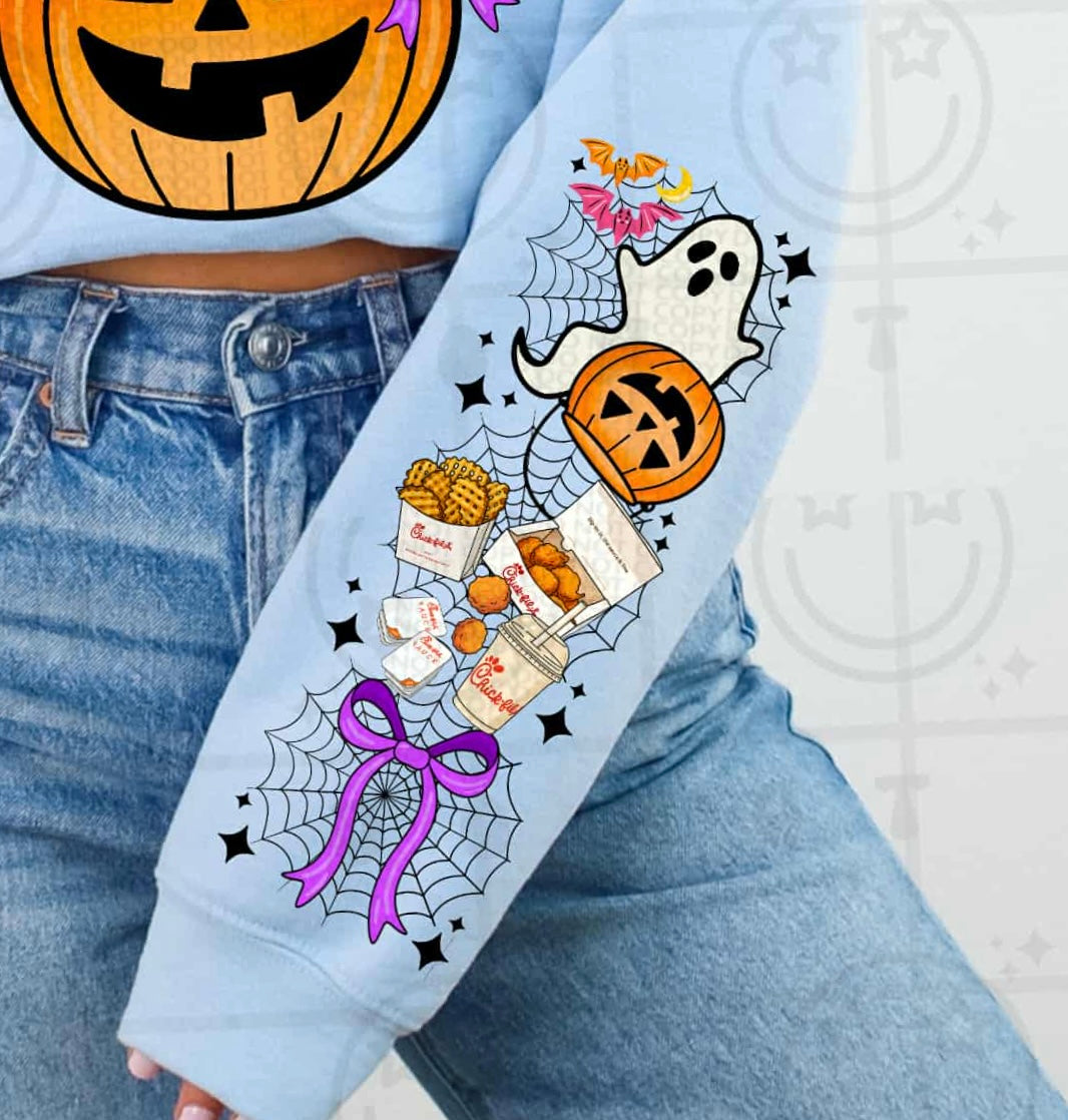 Pumpkin Bucket with ghosts and nuggets CFA (SLEEVE) HW DTF transfer