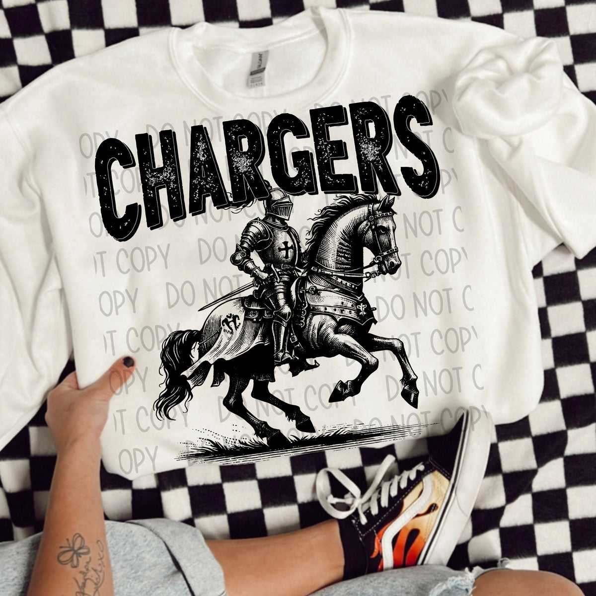 Chargers black/white outline DTF transfer