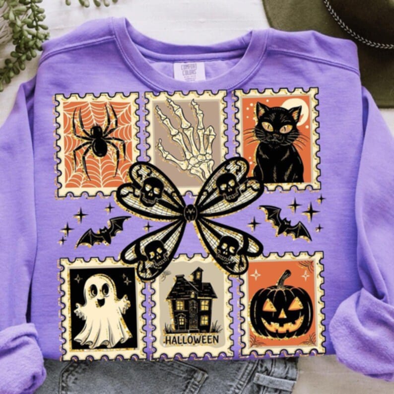 6 Halloween stamps with lace skull bow 111171 DTF transfer