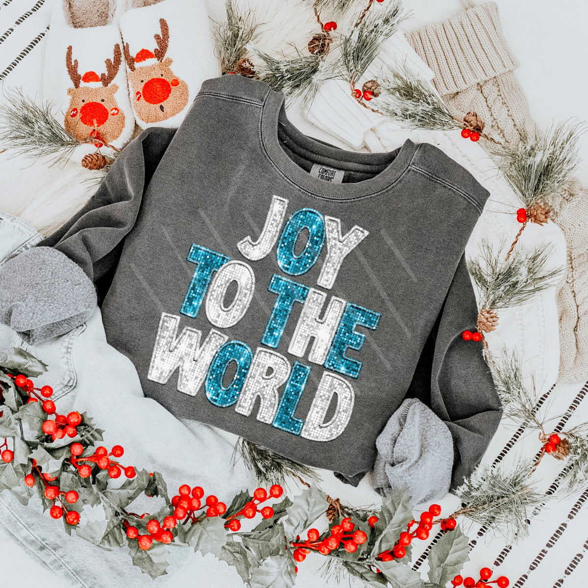 Joy To The World Faux Sequins BLUE AND WHITE 111641 DTF transfer