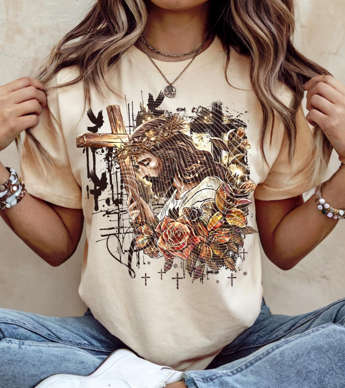Jesus holding cross with flowers 90981 DTF transfer