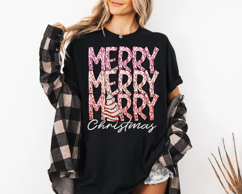 Merry Christmas stacked pink glitter white font 67578 DTF transfer