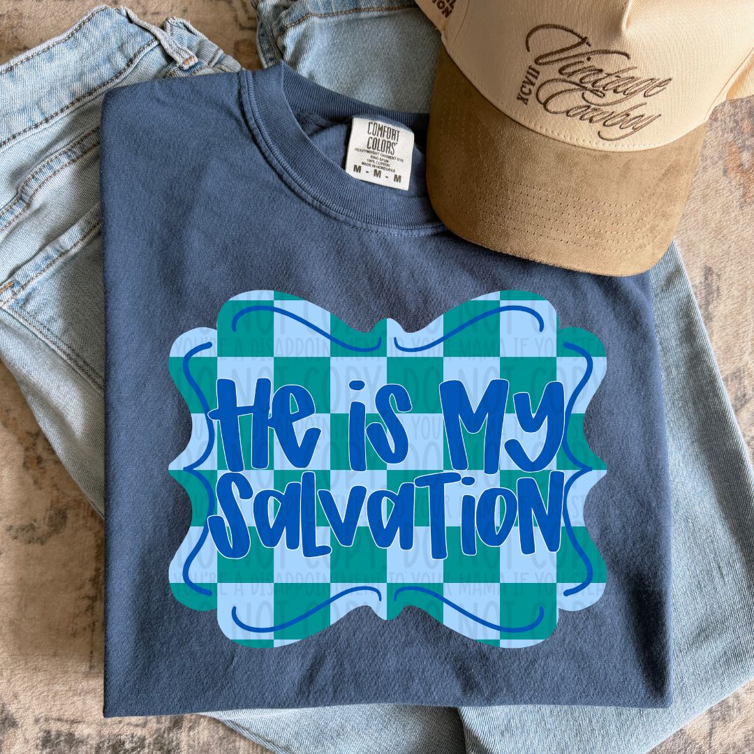 He is my salvation BLUE checkered (SWD) DTF Transfer