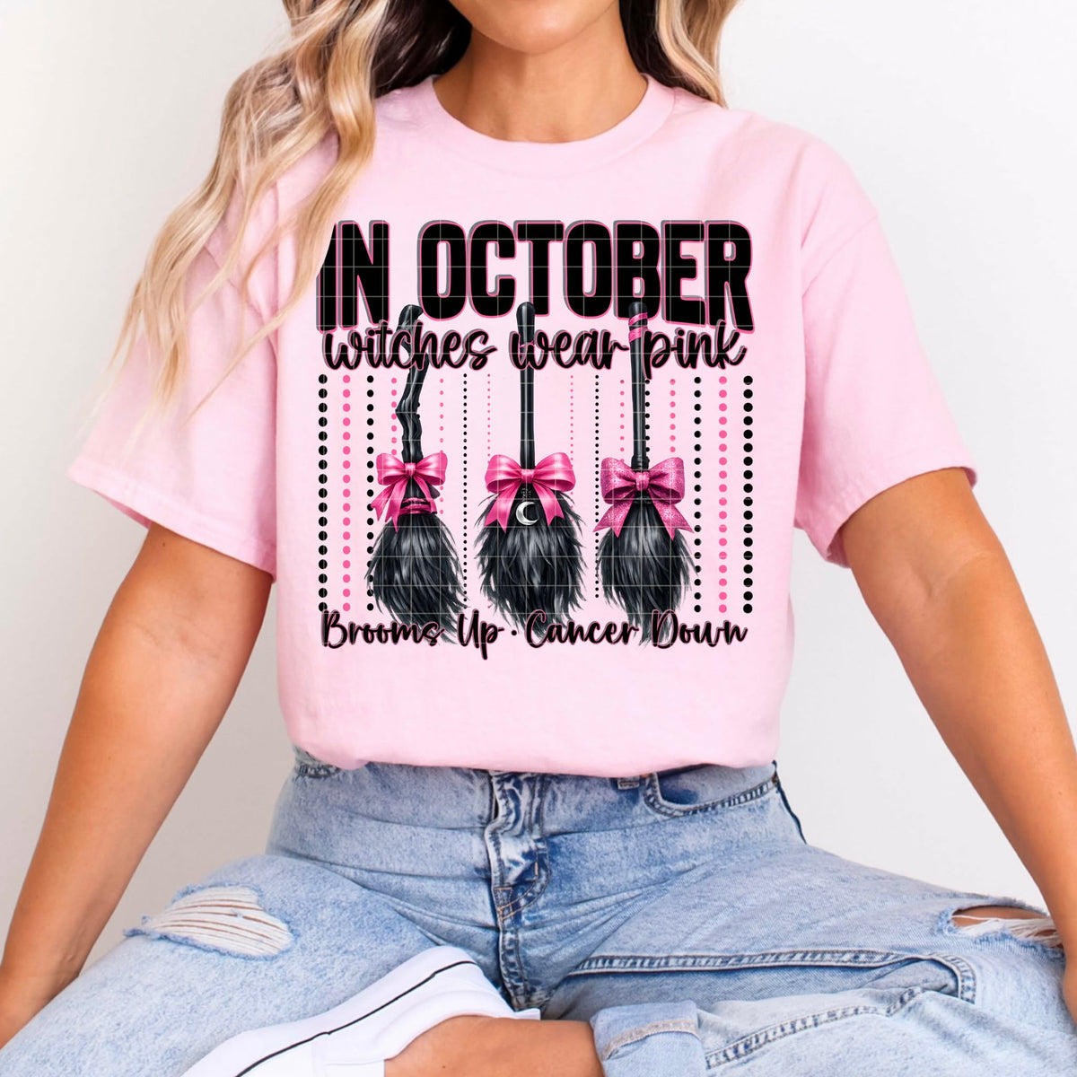 In Octover witches wear pink brooms  (DD) DTF transfer