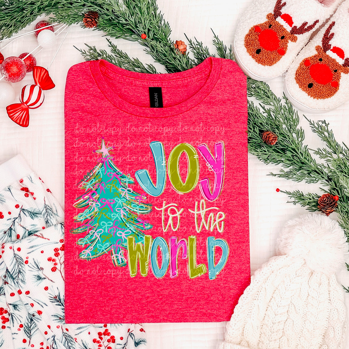 Joy to the world colorful with tree DTF transfer
