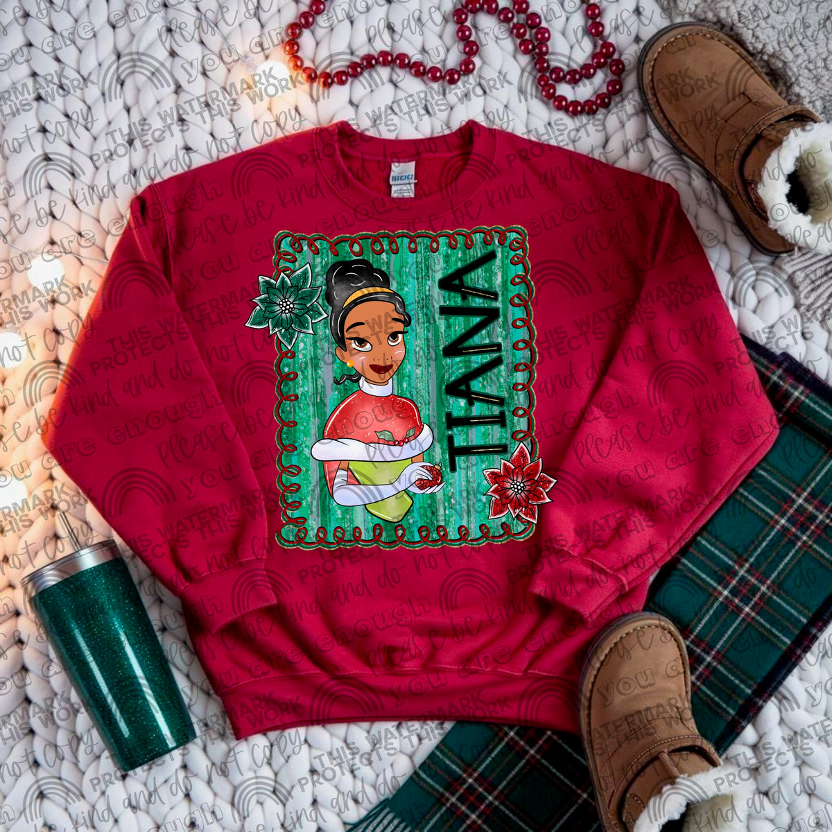 Tia green squiggly frame Santa hat DTF transfer