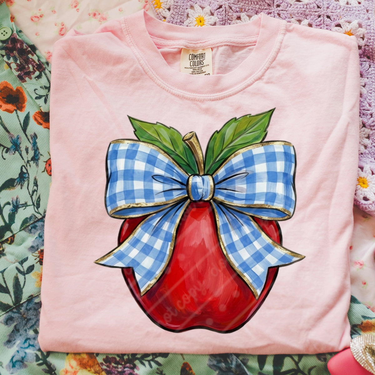 Apple with blue plaid bow DTF Transfer