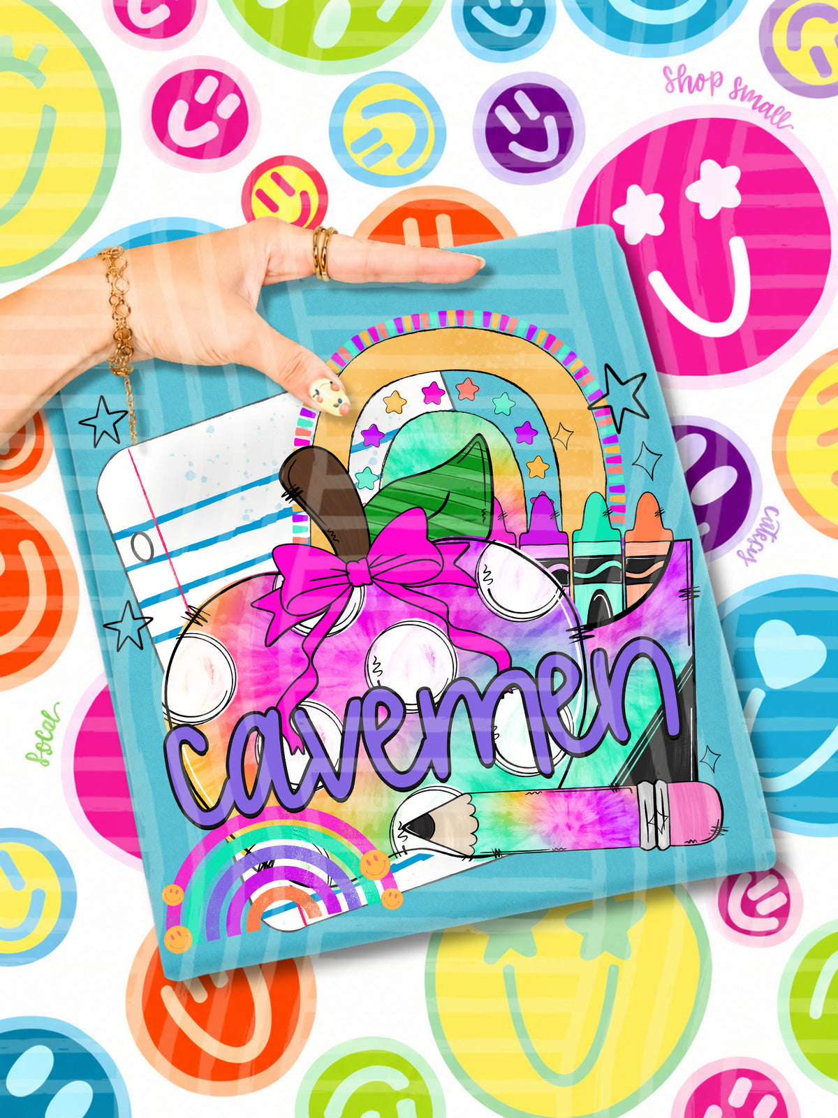cavemen tie dye apple with white dots and school stuff (CAPLINGER) DTF Transfer