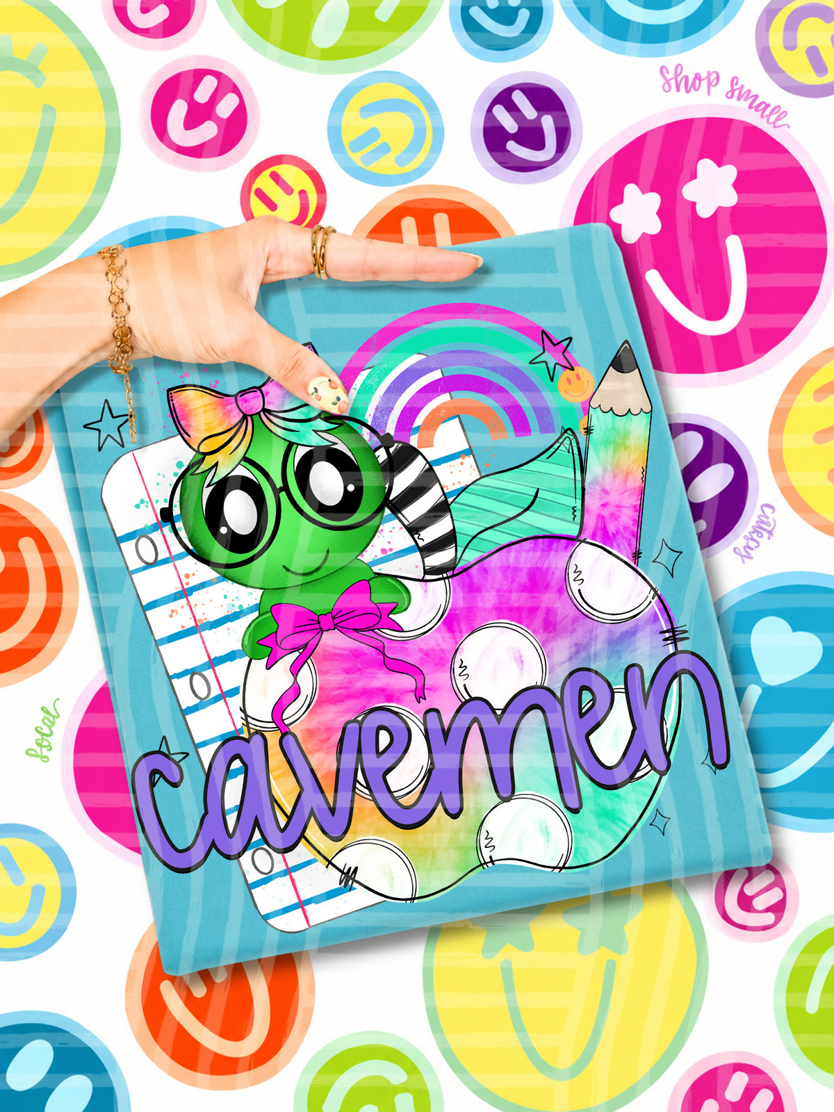cave men tie dye apple with white dots & green bug (CAPLINGER) DTF Transfer