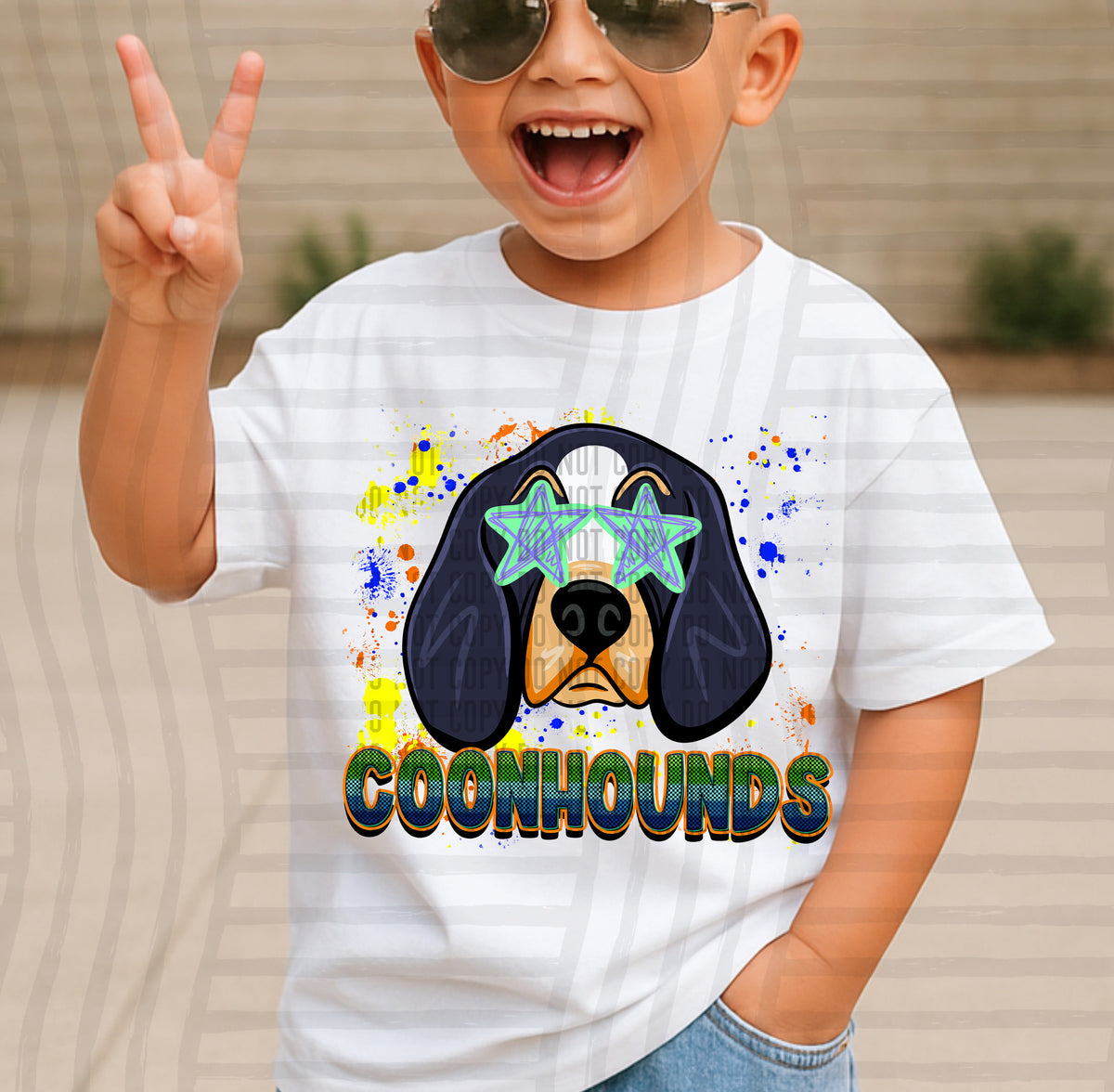 coonhounds paint splatter boy blue green and yellow (Caplinger) DTF Transfer