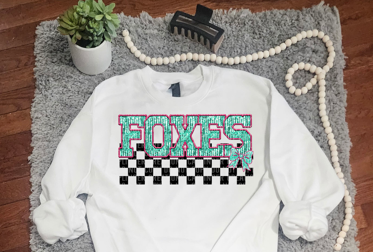 Turquoise And Pink Faux Embroidery Foxes 74083 DTF Transfer