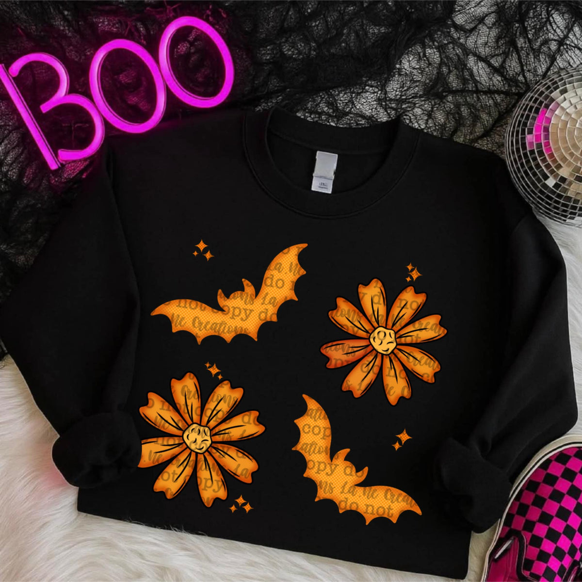 Orange Bats and Flowers (lane) DTF transfer