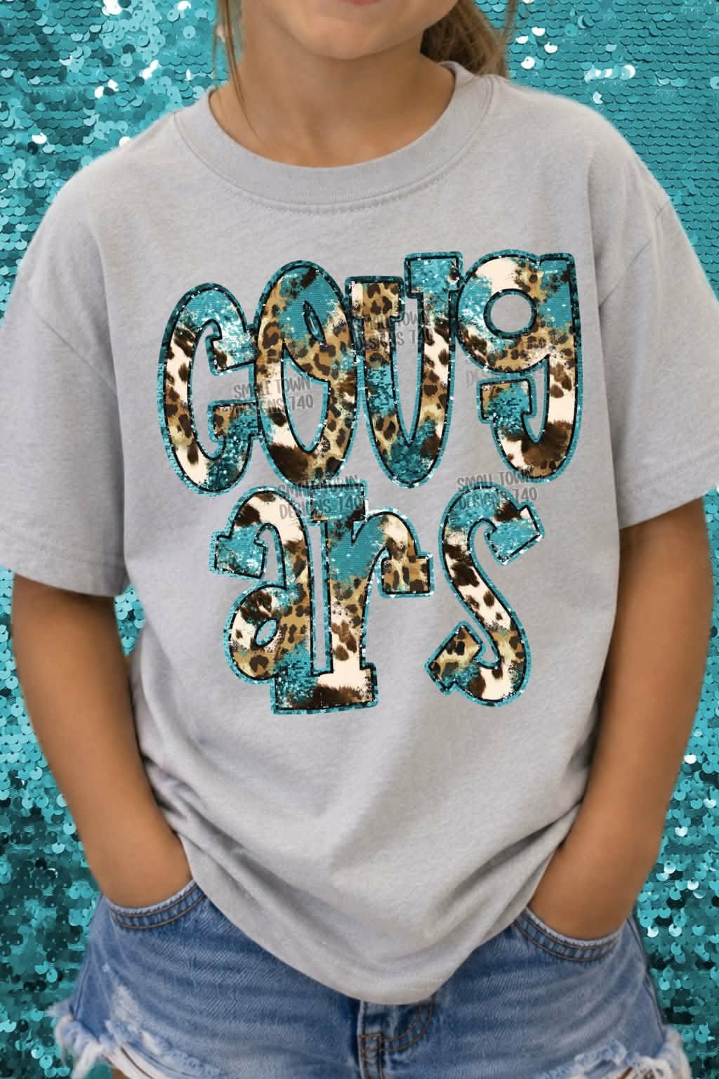 Cougars animal print blue sequin outline (STD) DTF transfer
