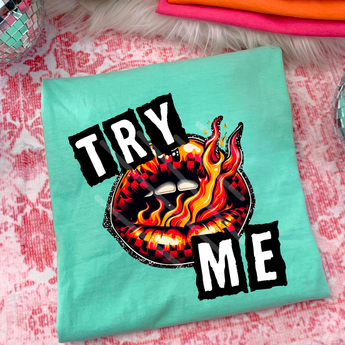 Try Me checker Flame Lips DTF transfer