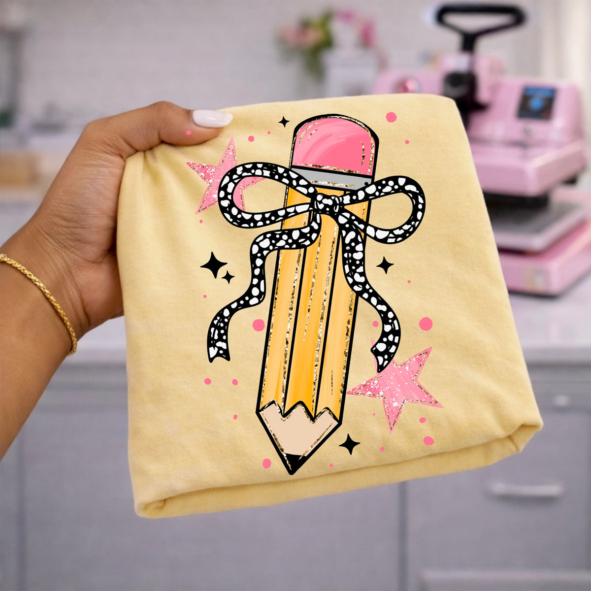 Pencil with polkadot bow (CSC) DTF Transfer
