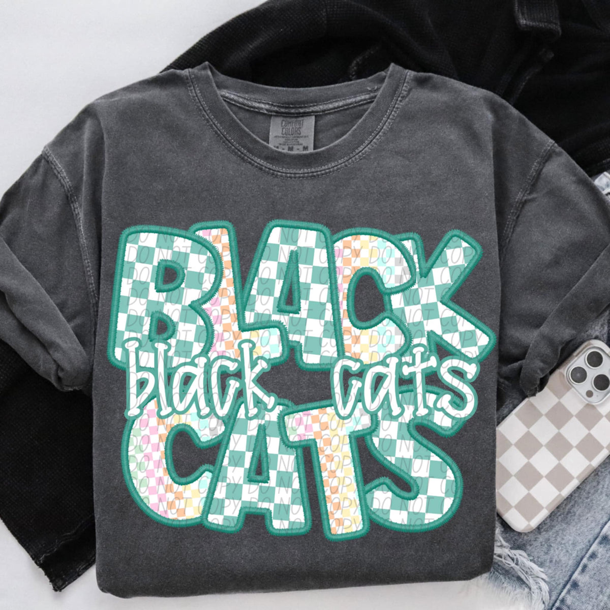 Black cats blue and colorful checkered (CITY) 85498 DTF transfer