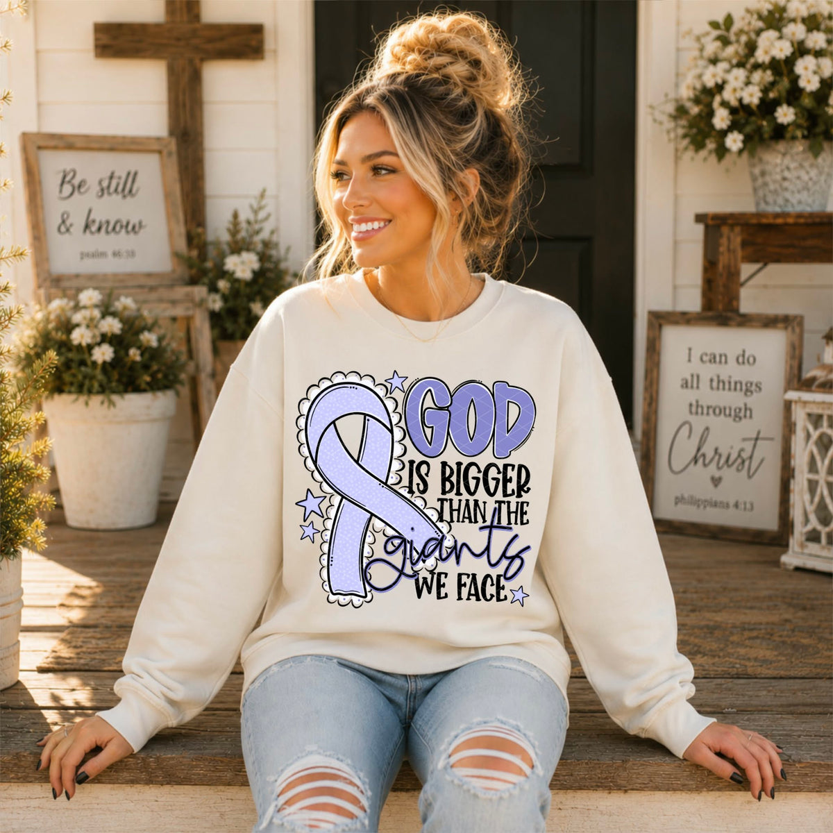 God is bigger than the giants we face LIGHT GREY  ribbon (SDD) DTF Transfer