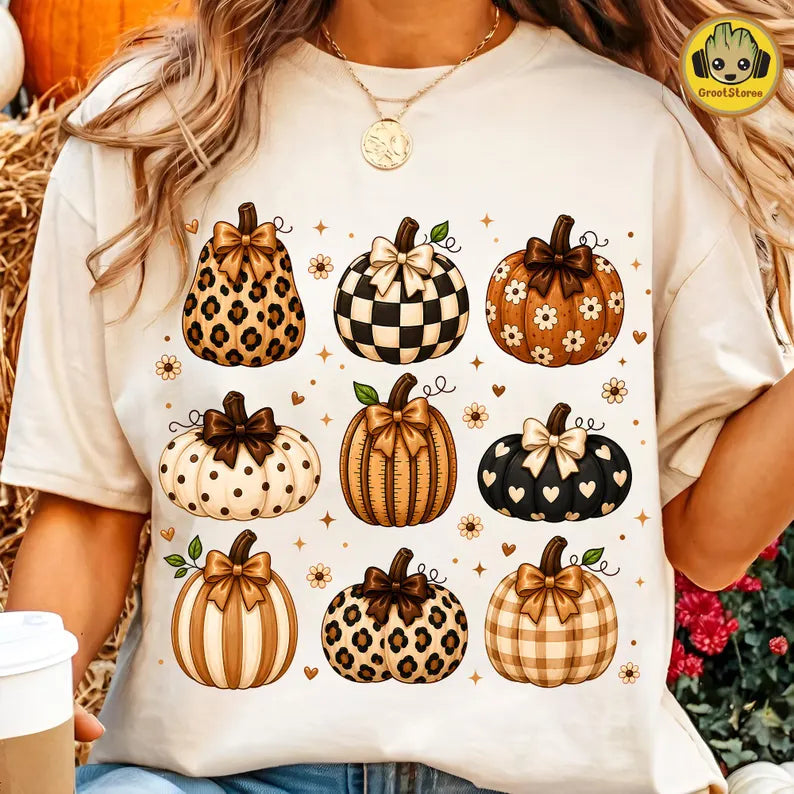 9 patterned pumpkins with bows Sunday Special DTF transfer