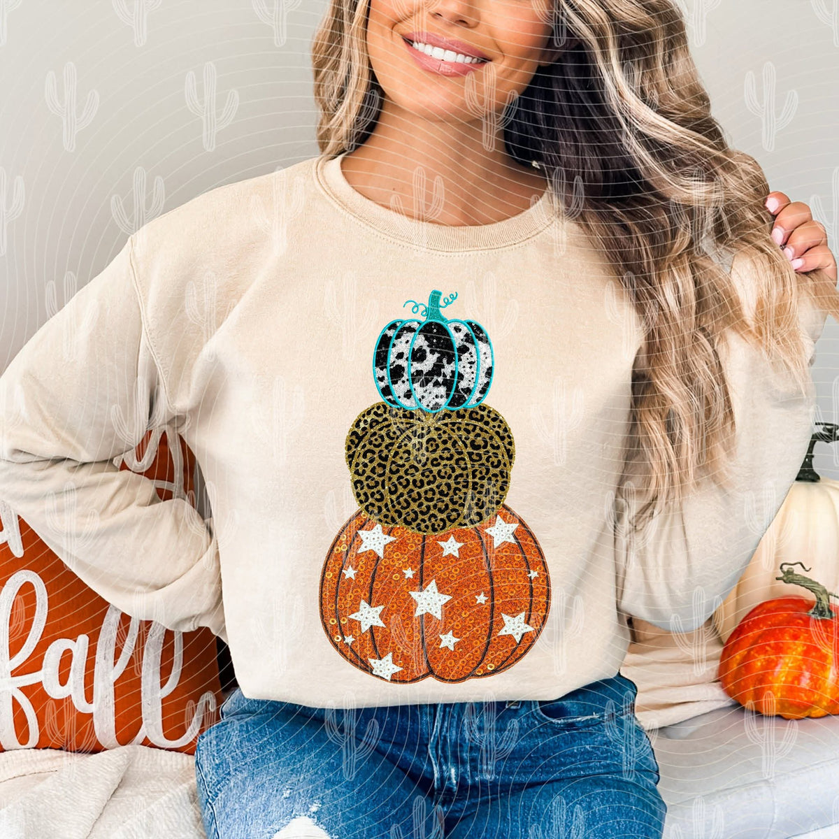 Three stacked pumpkins leopard cow stars with teal (crafti) DTF transfer