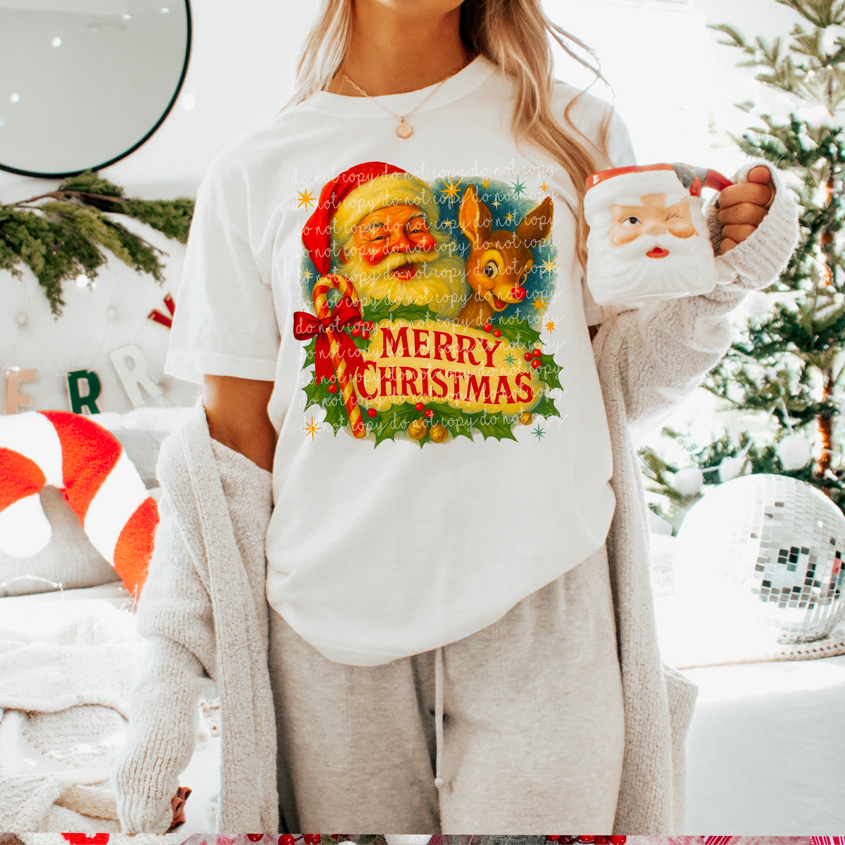 Merry Christmas vintage Santa and reindeer DTF Transfer