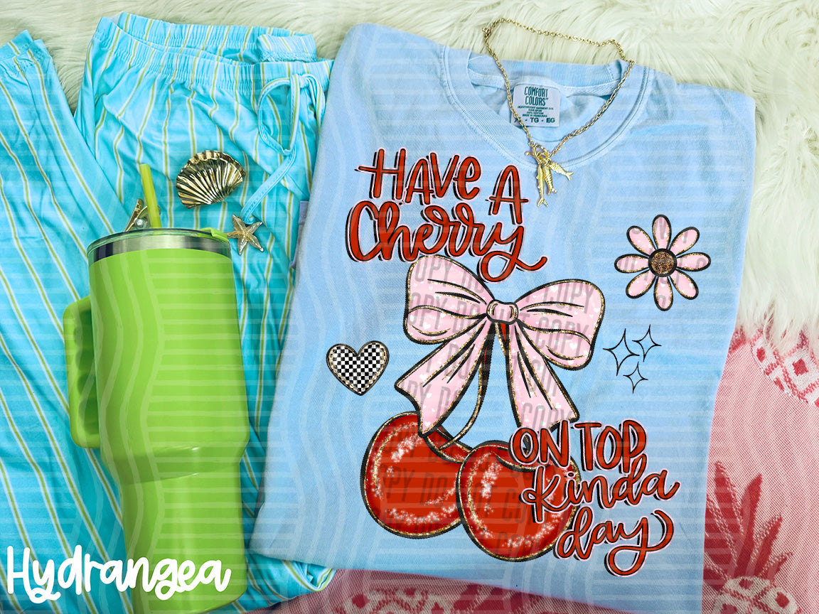 have a cherry on top kinda day cherries with pink bow (caplinger) DTF transfer
