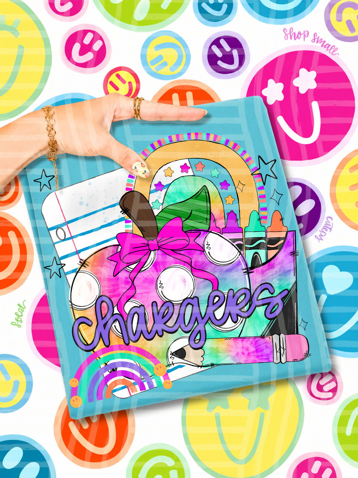chargers tie dye apple with white dots and school stuff (CAPLINGER) DTF Transfer