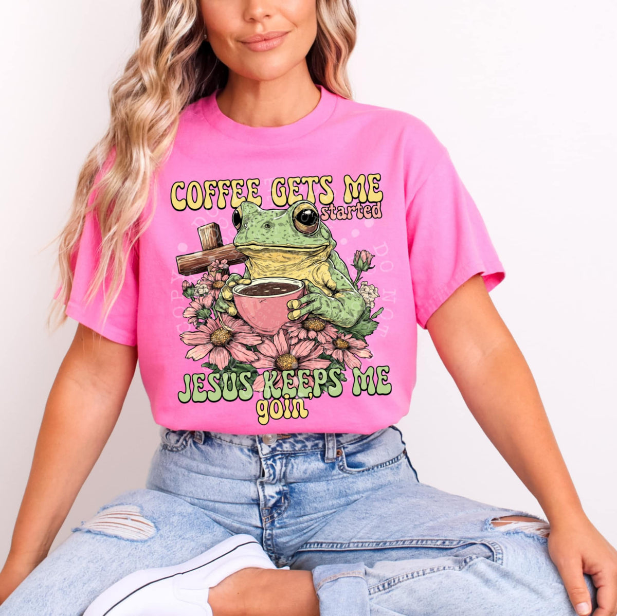 Coffee gets me goin Jesus keeps me going frog (C’s) 100496 DTF transfer