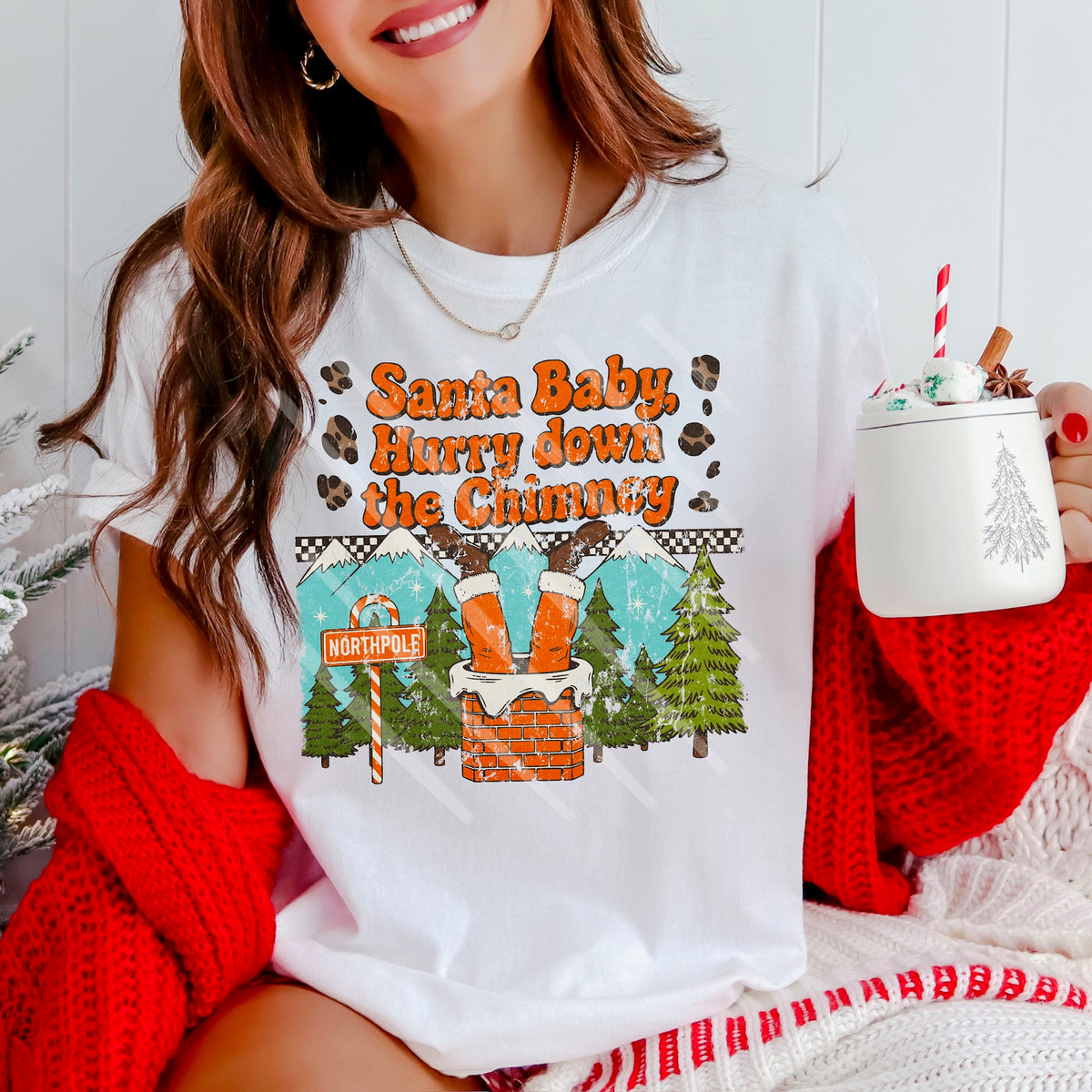 Santa Baby Hurry Down The Chimney DISTRESSED W/ leopard 114136 DTF transfer