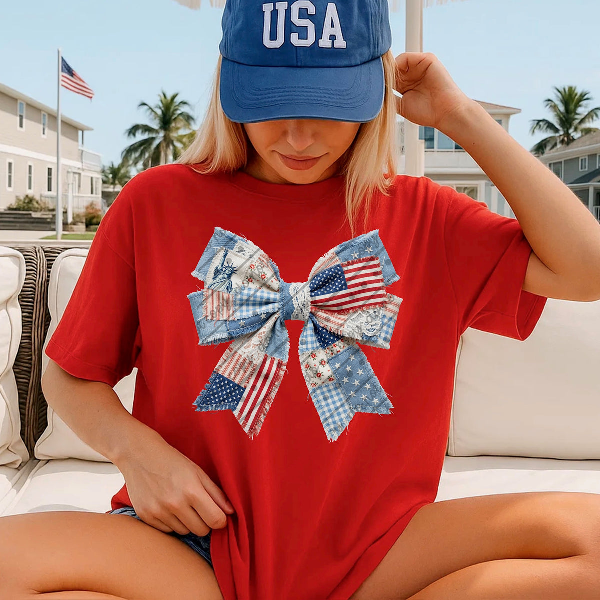 Faux Fabric America Bow DTF Transfer
