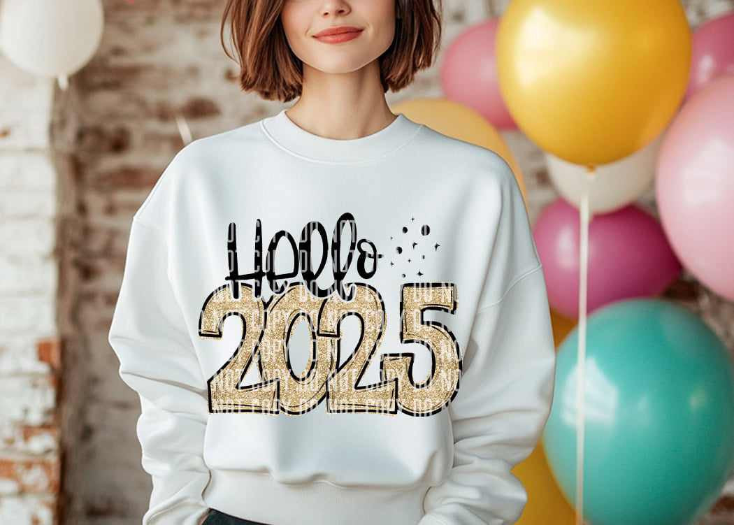 Hello 2025 black and gold (caplinger) 73097 DTF transfer