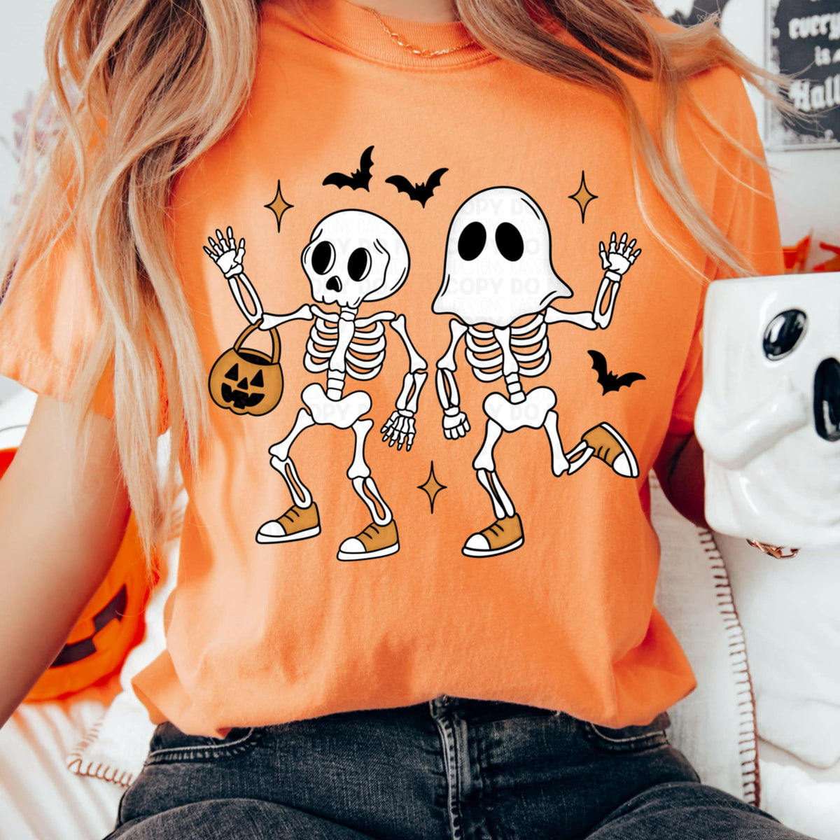 Skeleton and Ghost with pumpkin bucket CMD Collage DTF transfer