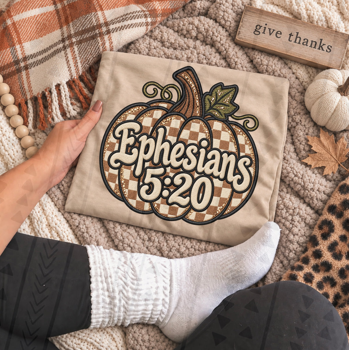 Ephesians 5:20 brown cream checkered pumpkin Sunday Special DTF transfer