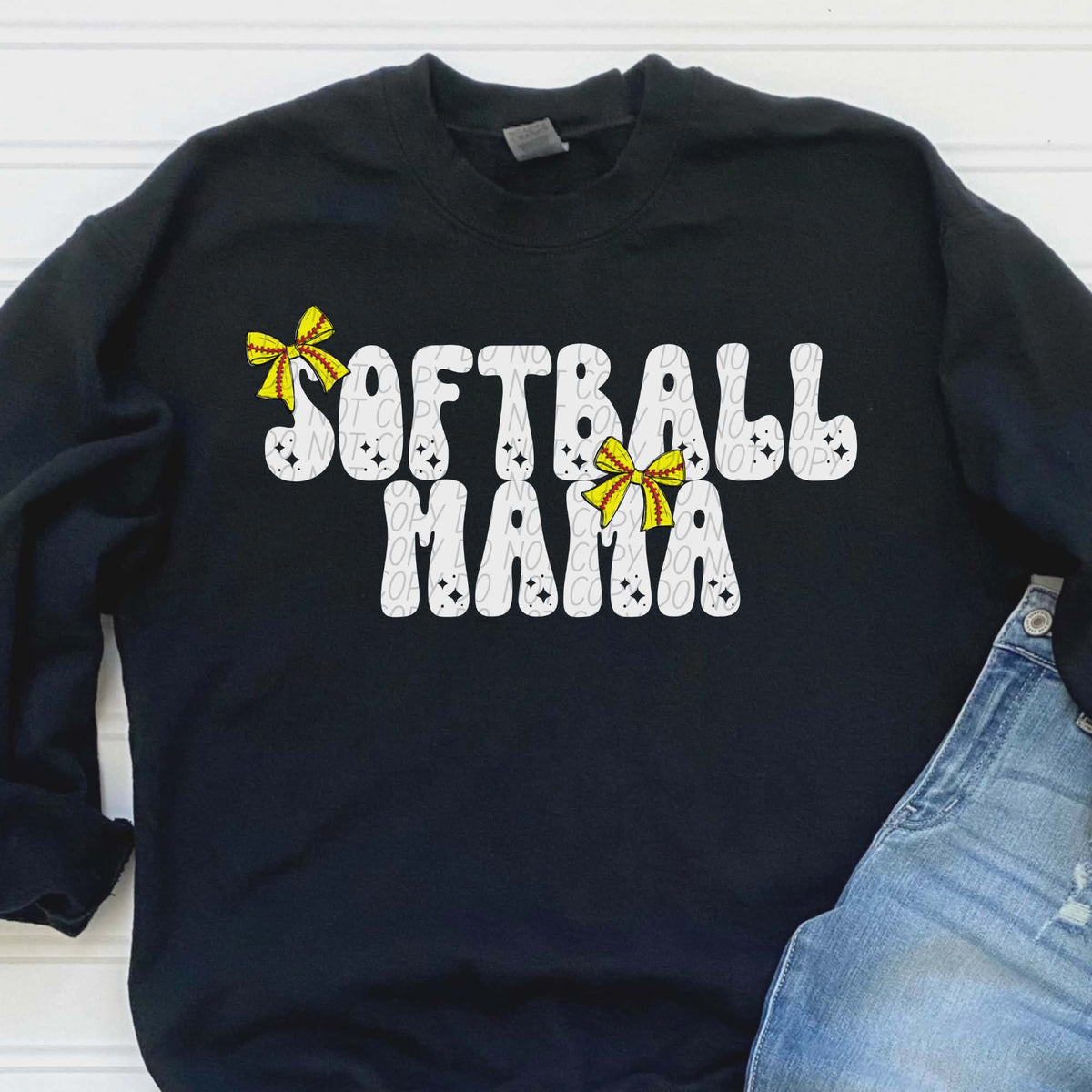Softball Mama bows white words (city) DTF transfer
