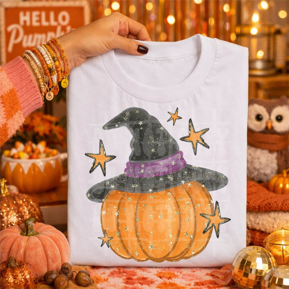 Sparkle pumpkin with witch hat and orange stars (C’s) DTF Transfer