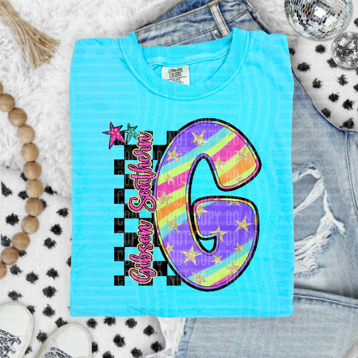 Gibson Southern Colorful Retro Rainbow Letter G With Stars And Checker 108111 DTF transfer
