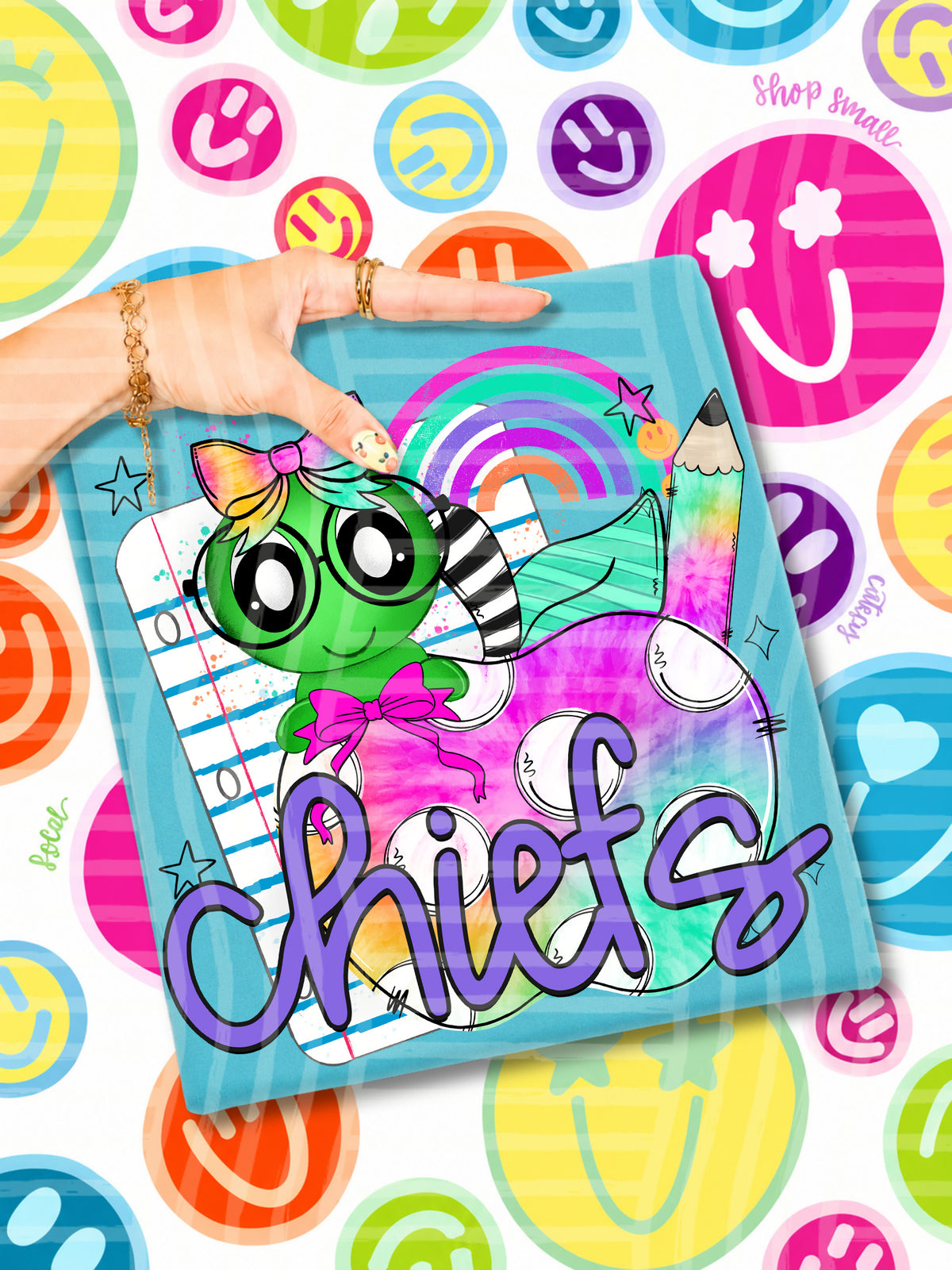 chiefs tie dye apple with white dots & green bug (CAPLINGER) DTF Transfer