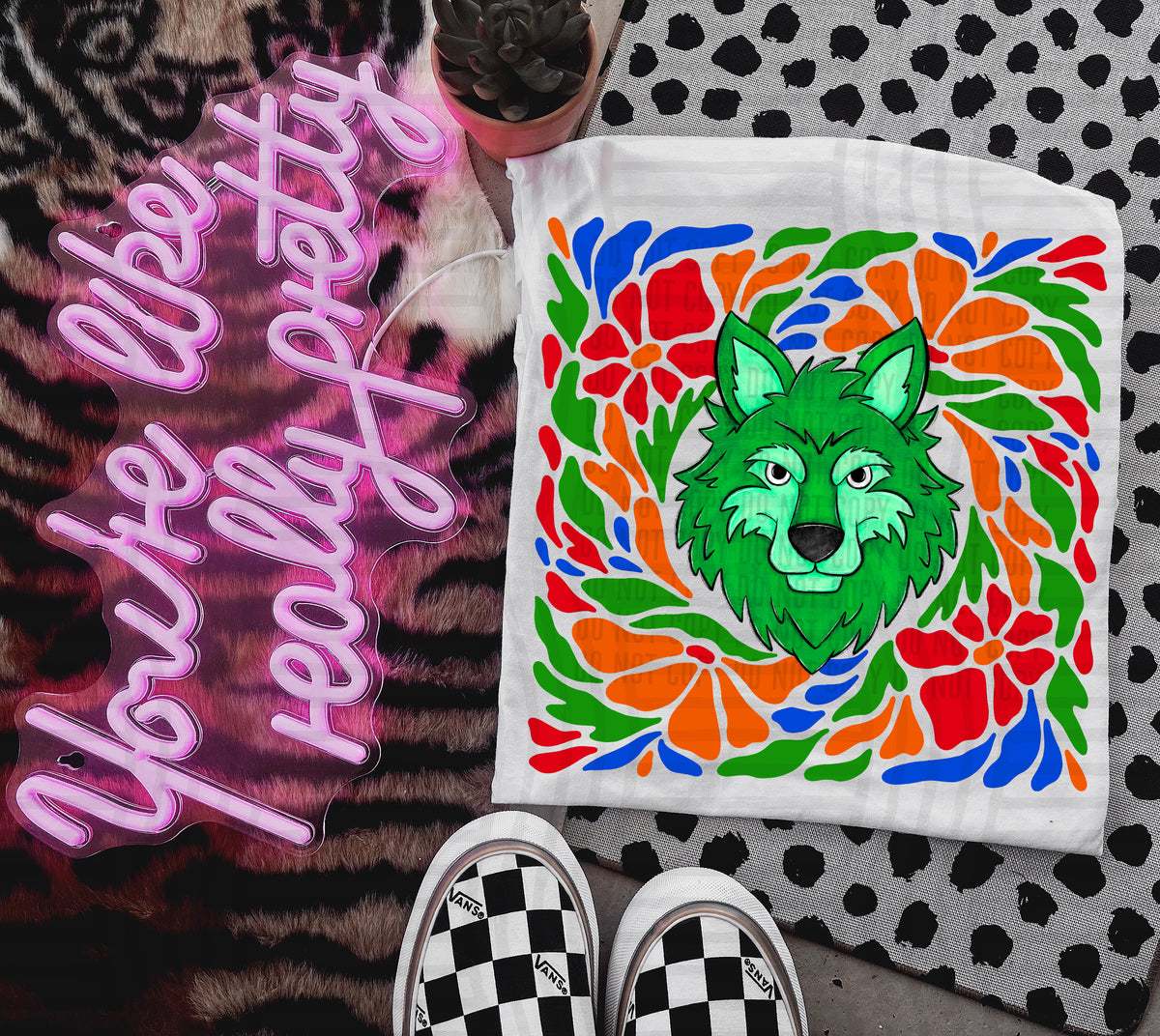 Green Wolf Retro Floral (Caplinger) 101139 DTF transfer