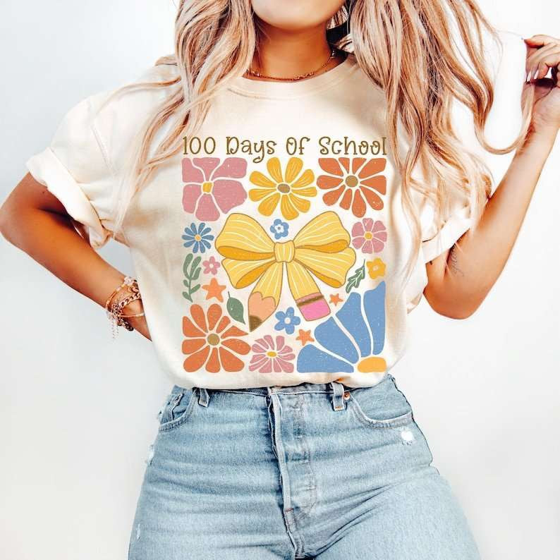 100 days of school bow and flowers 77625 DTF transfer