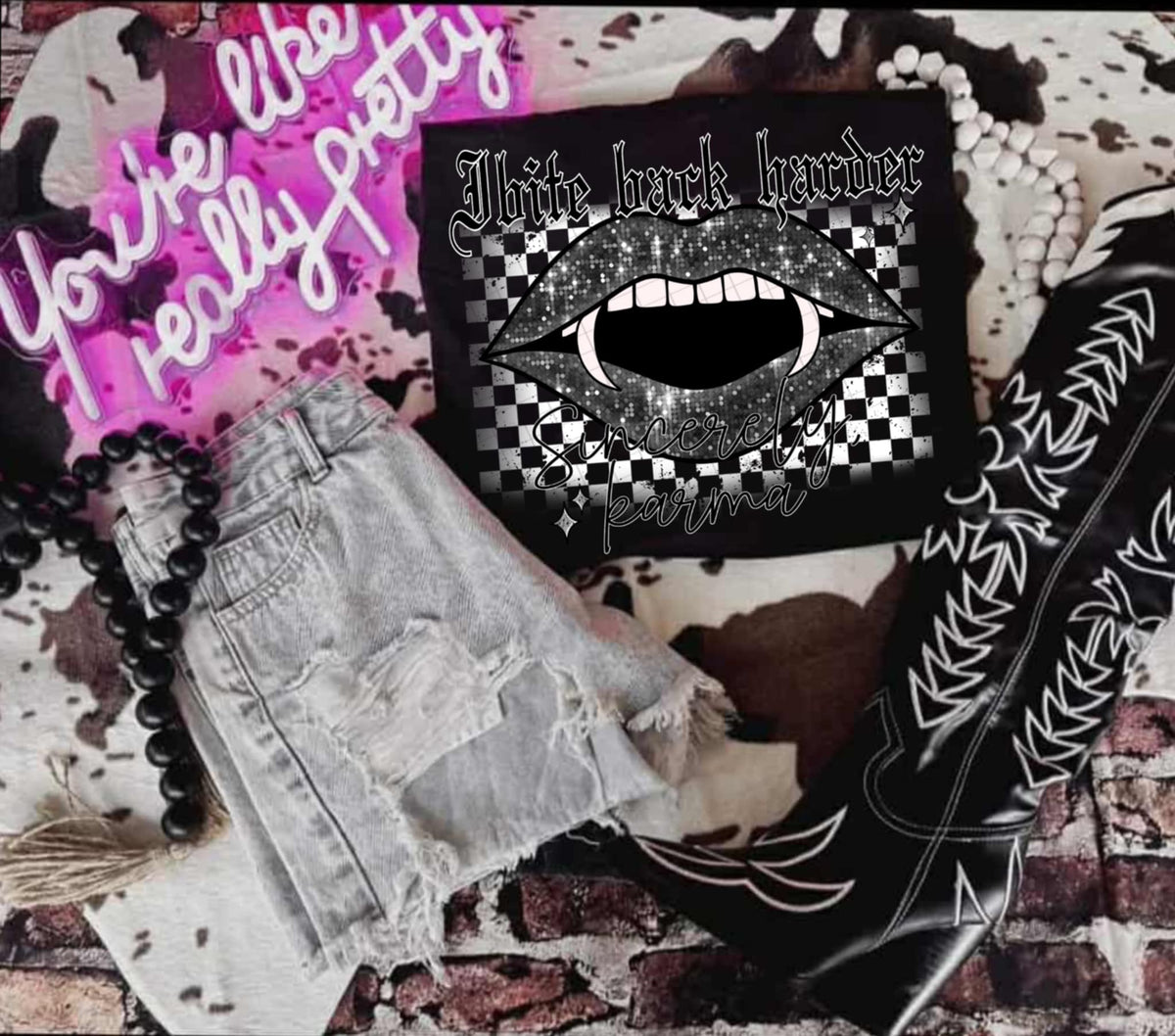 I Bite Back Harder vampire lips black glitter (linda) DTF transfer