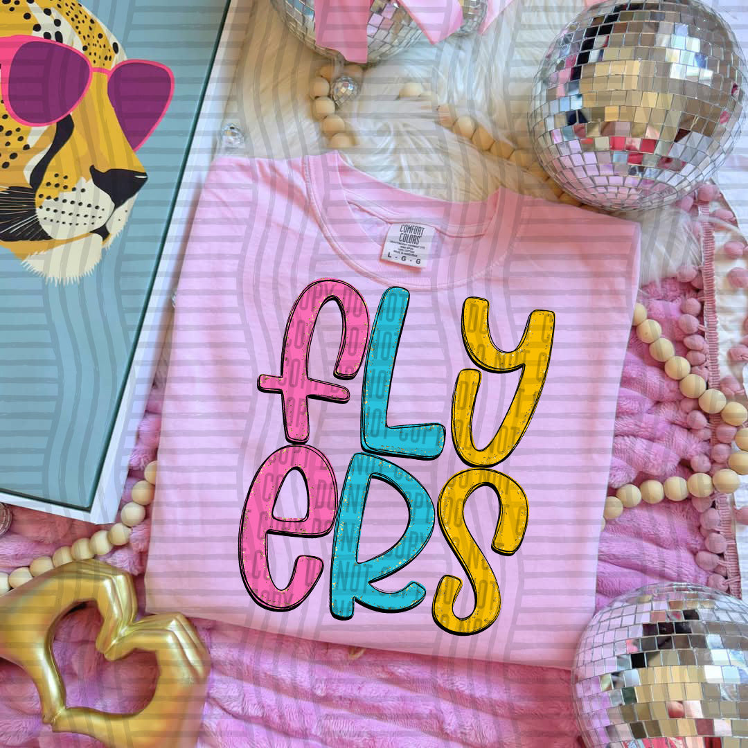 blue yellow and pink flyers stacked (Caplinger) DTF Transfer
