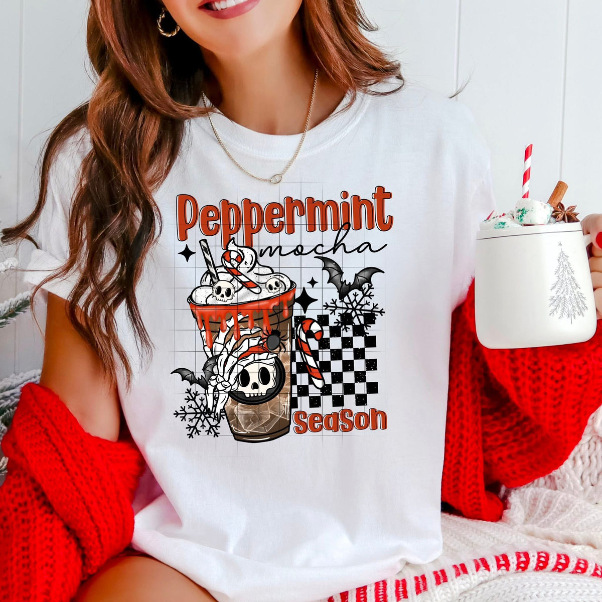 Peppermint Mocha Season Skellie hand drink CSC DTF transfer